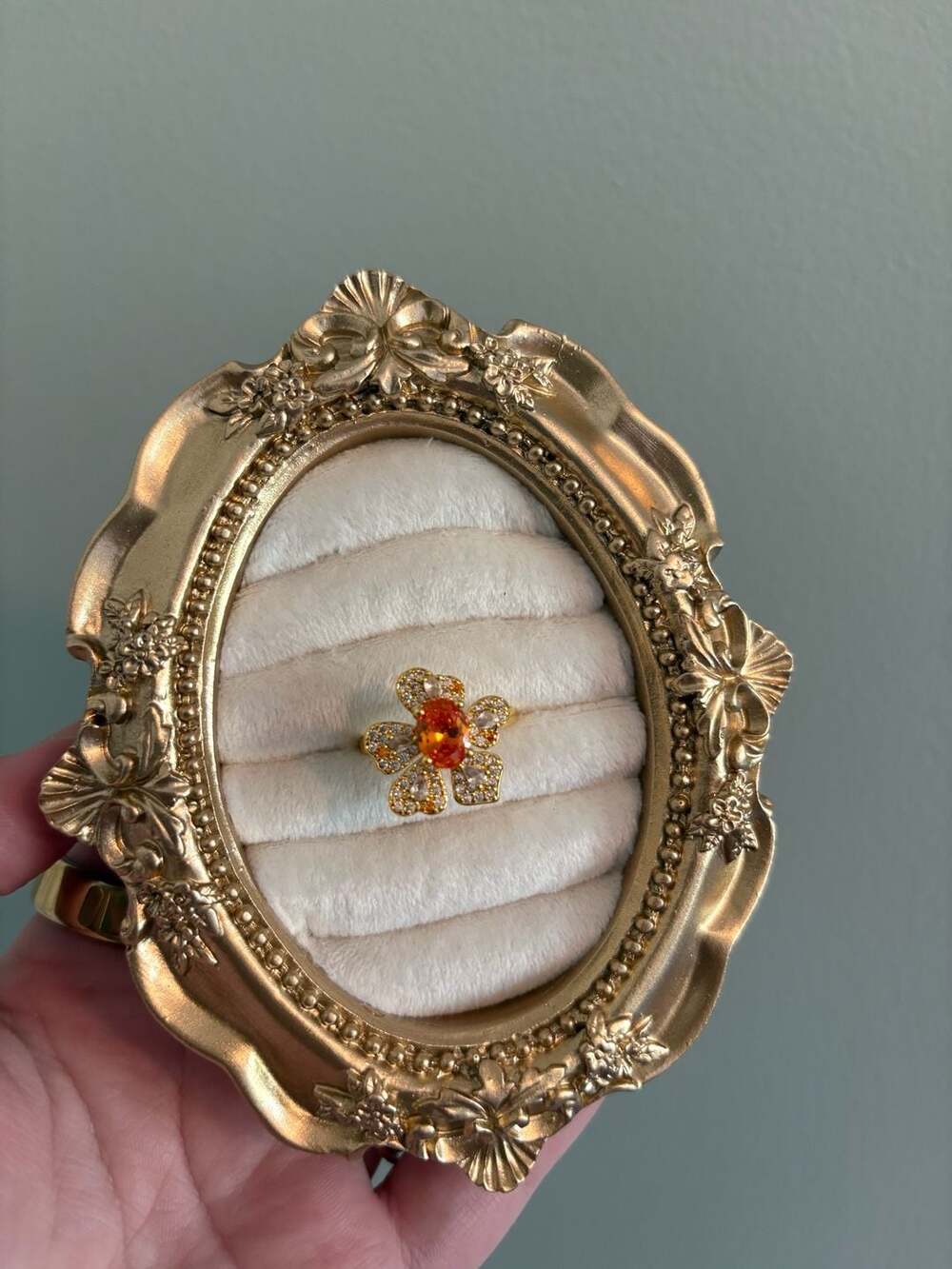 Gold Tone Flower Ring with Oval Citrine Center and Crystal Accents